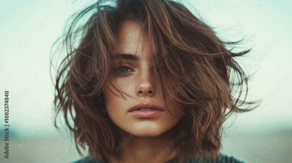 A portrait capturing a woman with tousled hair conveying a sense of mystery and allure, set against a muted background which enhances her dramatic features. A portrait capturing a woman with tousled hair conveying a sense of mystery and allure, set against a muted background which enhances her dramatic features.