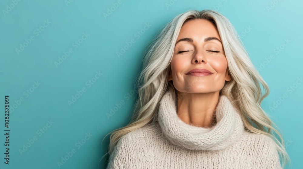 A peaceful image of a serene woman with closed eyes, exuding relaxation and contentment against a soft turquoise background, embodying tranquility and calm. A peaceful image of a serene woman with closed eyes, exuding relaxation and contentment against a soft turquoise background, embodying tranquility and calm.