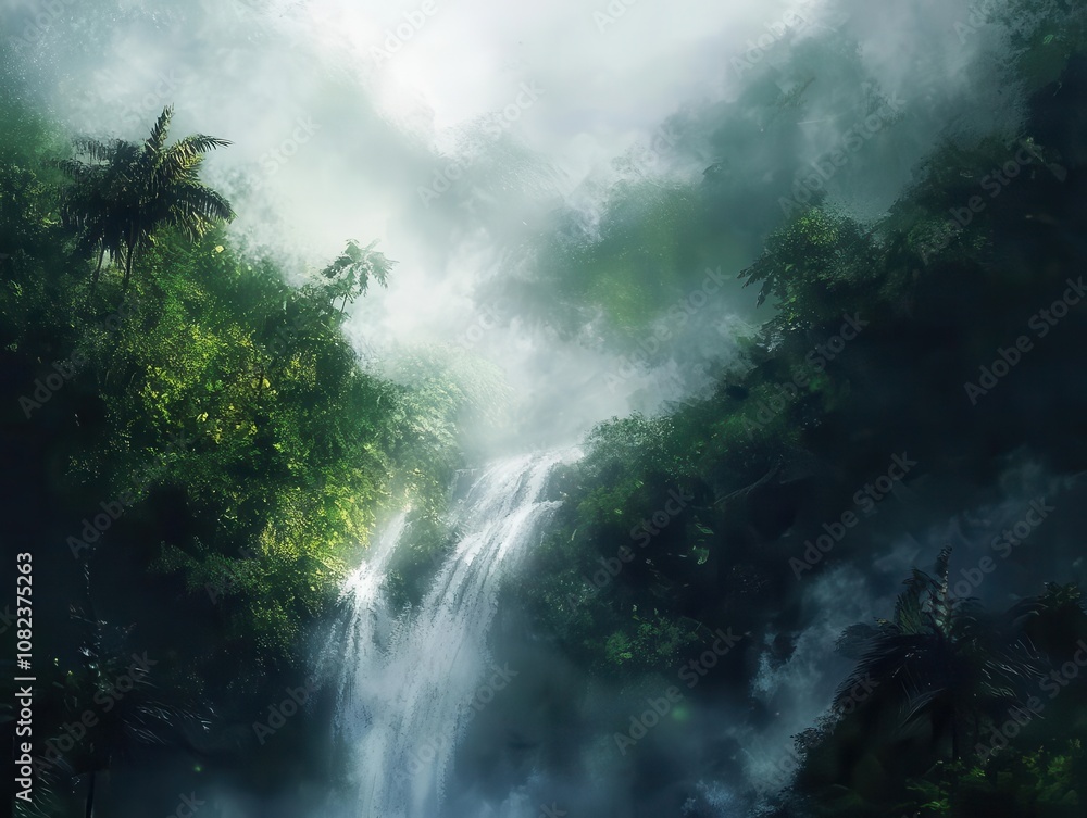 majestic tropical ravine with a flowing waterfall, captured in ai-generated art, showcasing blurred motion and lush greenery, evoking tranquility majestic tropical ravine with a flowing waterfall, captured in ai-generated art, showcasing blurred motion and lush greenery, evoking tranquility