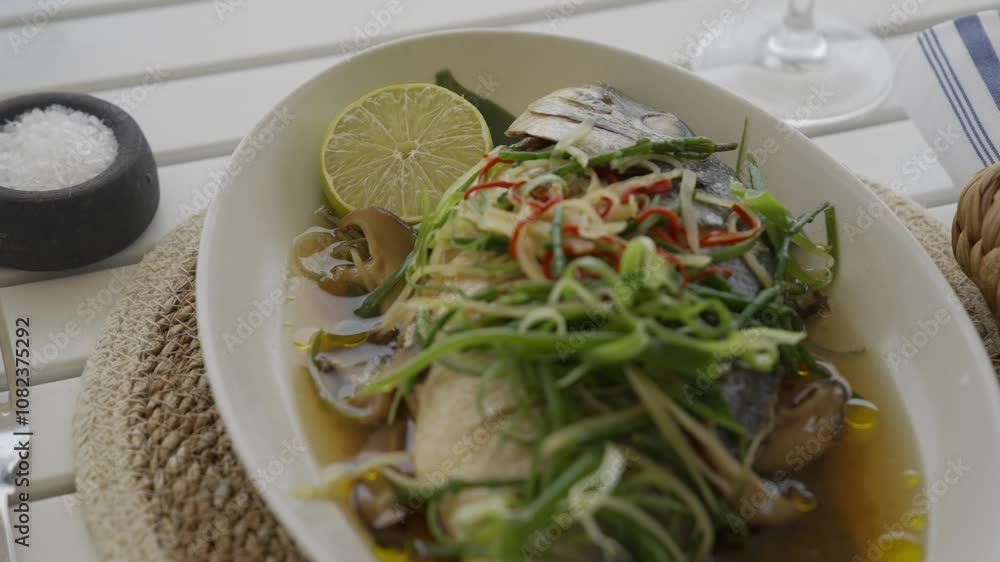 Close up of a  fish with some soup and some vegetables on it with a lemon