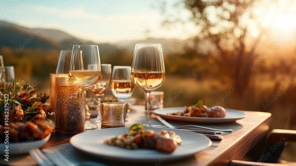An elegantly arranged dinner table outdoors featuring beautiful glassware and candles, complemented by a golden landscape under the setting sun, evoking peace. An elegantly arranged dinner table outdoors featuring beautiful glassware and candles, complemented by a golden landscape under the setting sun, evoking peace.