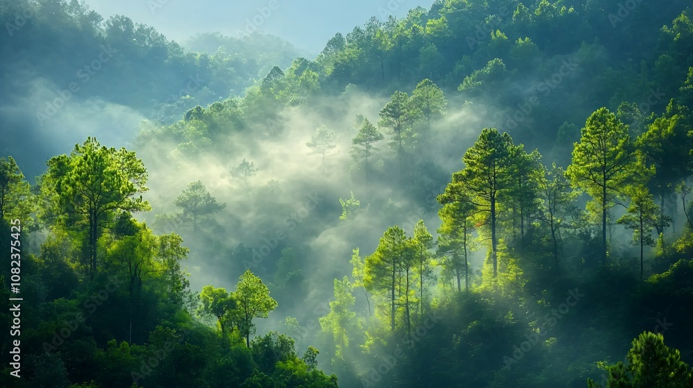 A breathtaking and serene landscape of a misty forest, with trees and foliage in soft focus A breathtaking and serene landscape of a misty forest, with trees and foliage in soft focus