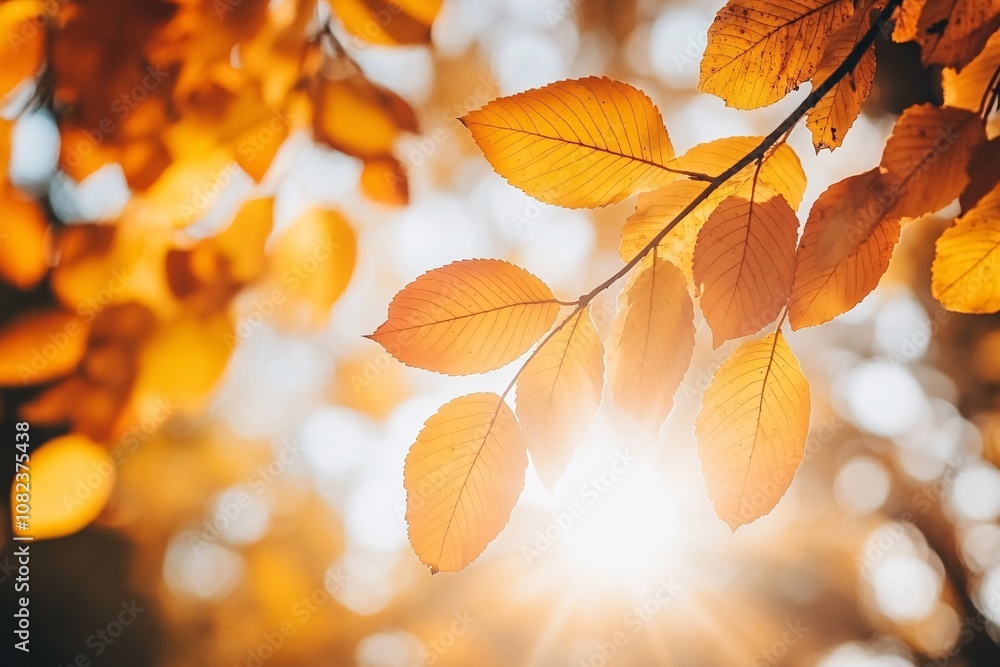 Warm sunrays gently lighting up autumn-colored leaves, enchanted forest with golden hues, peaceful and magical, medium close-up of leaves and trees 4 Warm sunrays gently lighting up autumn-colored leaves, enchanted forest with golden hues, peaceful and magical, medium close-up of leaves and trees 4