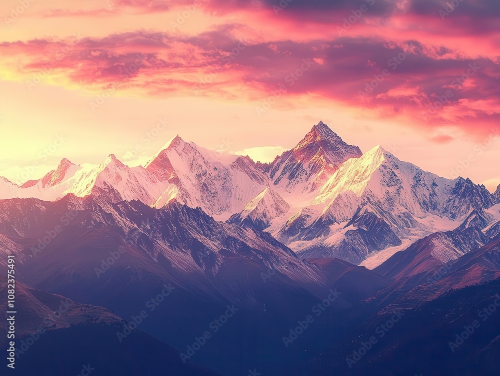 majestic view of the snow-capped tibetan mountains at sunset, showcasing a breathtaking panorama, rich in color and natural beauty