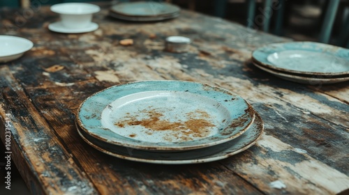 A collection of well-used rustic blue plates on a weathered wooden table, exhibiting a sense of history and tradition, intertwined with a homely touch. photo