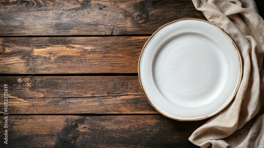 An elegantly poised white plate sits gracefully on a rustic wooden table surface, draped with a soft cloth, bringing together a blend of natural charm and simplicity. An elegantly poised white plate sits gracefully on a rustic wooden table surface, draped with a soft cloth, bringing together a blend of natural charm and simplicity.