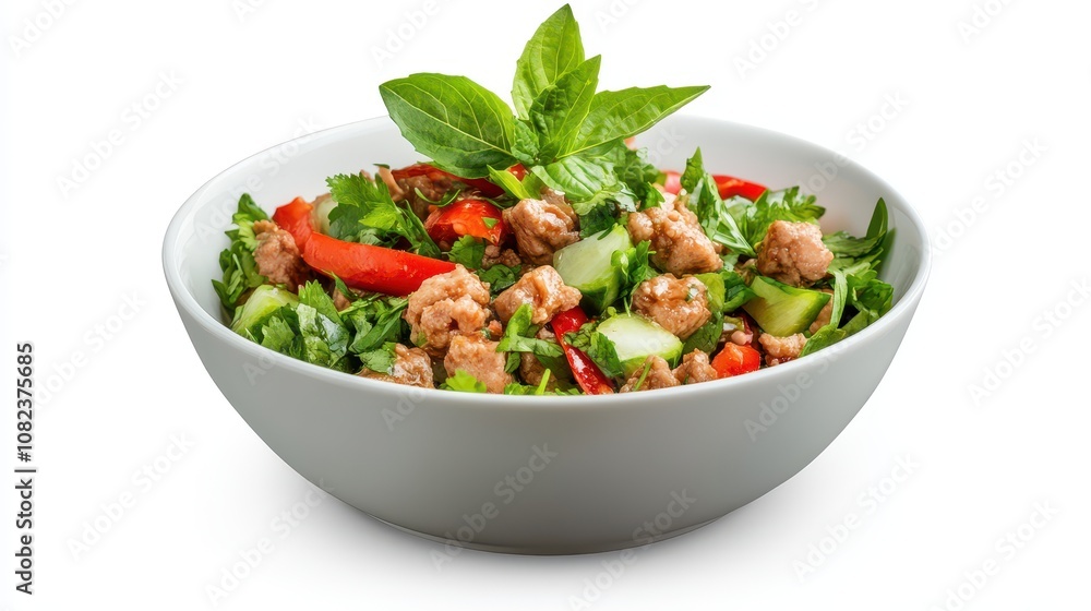 A vibrant salad featuring fresh greens, chunks of grilled meat, and colorful vegetables, garnished with a sprig of mint, served in a bowl. A vibrant salad featuring fresh greens, chunks of grilled meat, and colorful vegetables, garnished with a sprig of mint, served in a bowl.