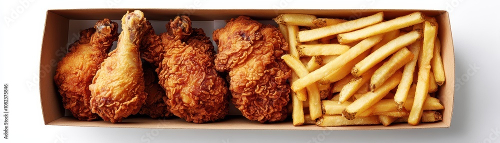A delicious meal featuring crispy fried chicken drumsticks alongside golden French fries in a convenient takeout box. A delicious meal featuring crispy fried chicken drumsticks alongside golden French fries in a convenient takeout box.