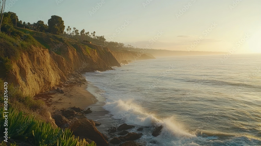 Cliffside View of Coastal Landscape with Ocean and Breaking Waves at Sunset Cliffside View of Coastal Landscape with Ocean and Breaking Waves at Sunset