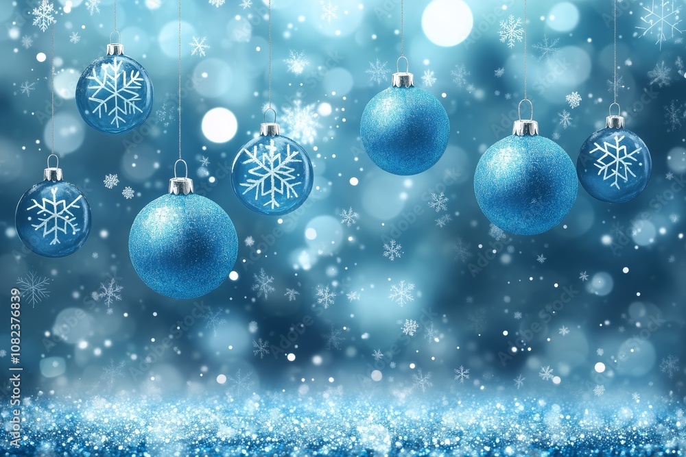 Blue Christmas background with hanging blue baubles and snowflakes on on glitter blue background with bokeh light. Festive winter holiday decoration and ornament. Modern design with copy space Blue Christmas background with hanging blue baubles and snowflakes on on glitter blue background with bokeh light. Festive winter holiday decoration and ornament. Modern design with copy space