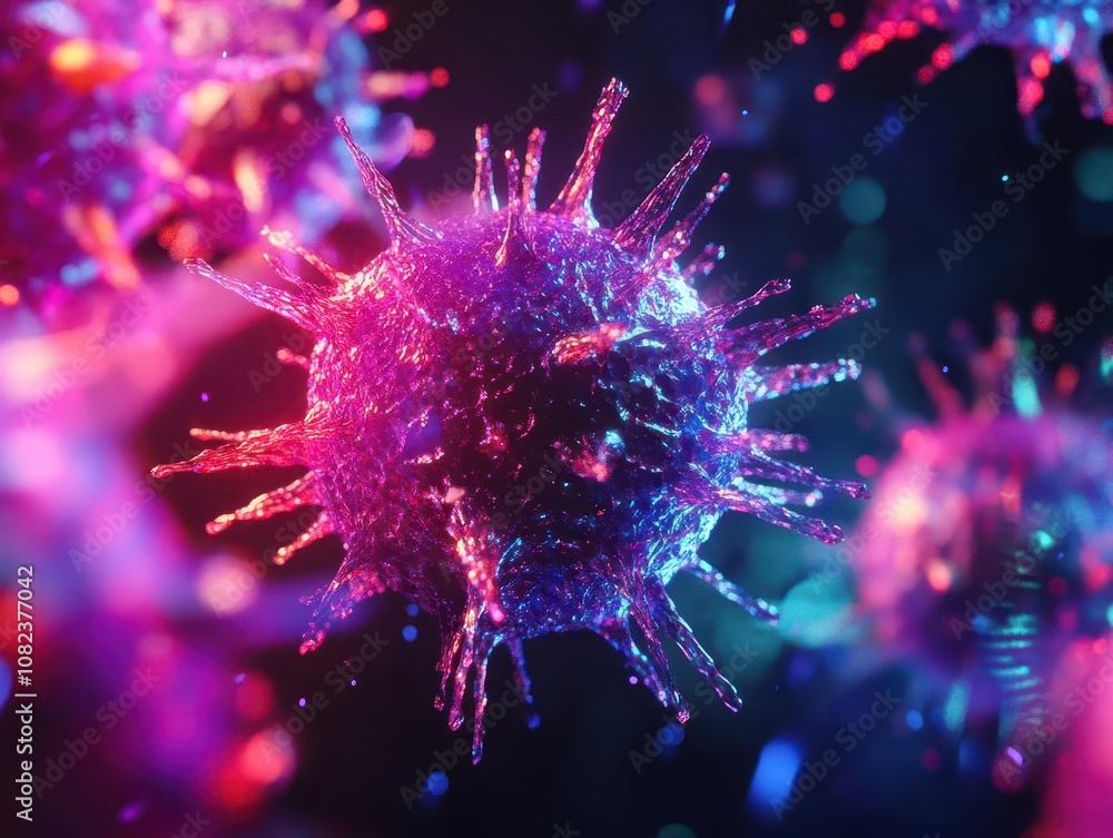microscopic view of vibrant viruses swirling against a dark background, showcasing intricate details of spikes and structures, illuminated by soft neon lights to create an otherworldly atmosphere microscopic view of vibrant viruses swirling against a dark background, showcasing intricate details of spikes and structures, illuminated by soft neon lights to create an otherworldly atmosphere