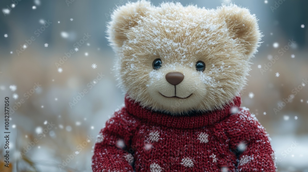 Smiling teddy bear wearing christmas sweater enjoying snowfall Smiling teddy bear wearing christmas sweater enjoying snowfall