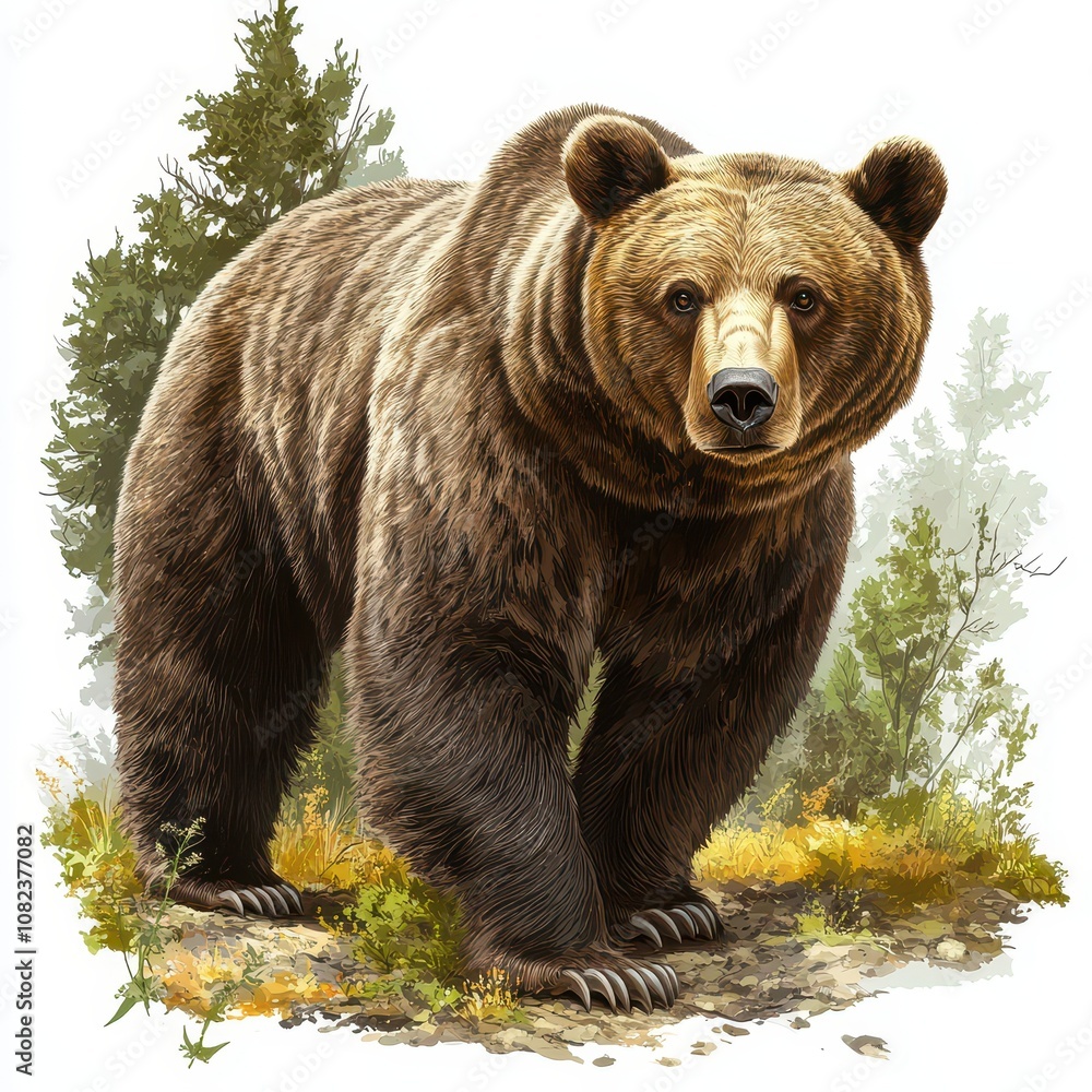 A realistic illustration of a brown bear standing on a rocky surface, surrounded by greenery and trees. A realistic illustration of a brown bear standing on a rocky surface, surrounded by greenery and trees.