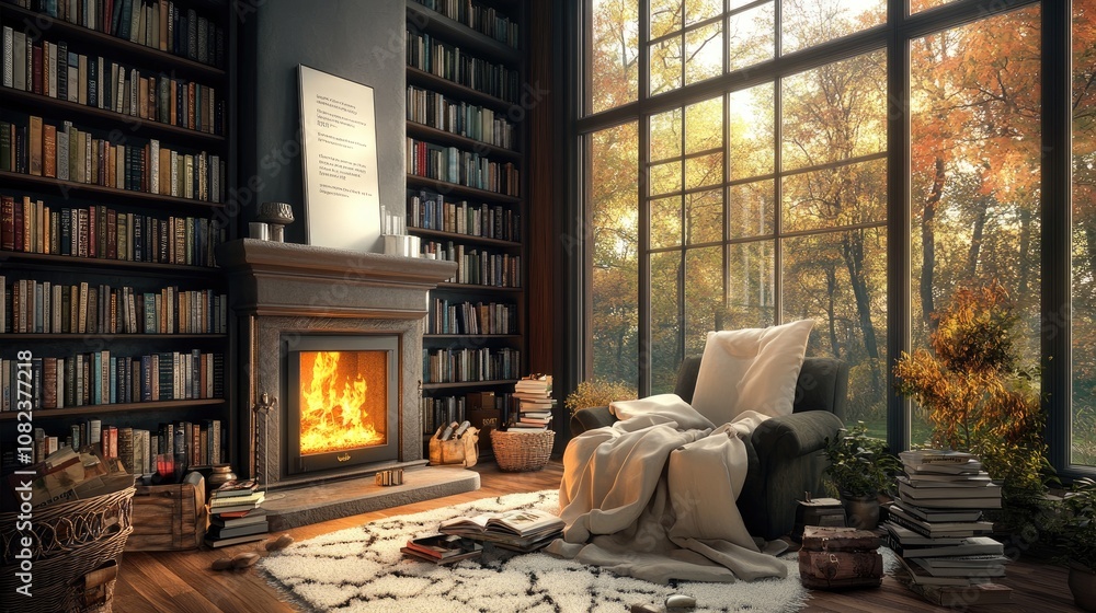 Cozy Reading Nook with Fireplace and Bookshelves Surrounded by Warm Autumn Light Reflecting Through Large Windows in a Rustic Home Cozy Reading Nook with Fireplace and Bookshelves Surrounded by Warm Autumn Light Reflecting Through Large Windows in a Rustic Home