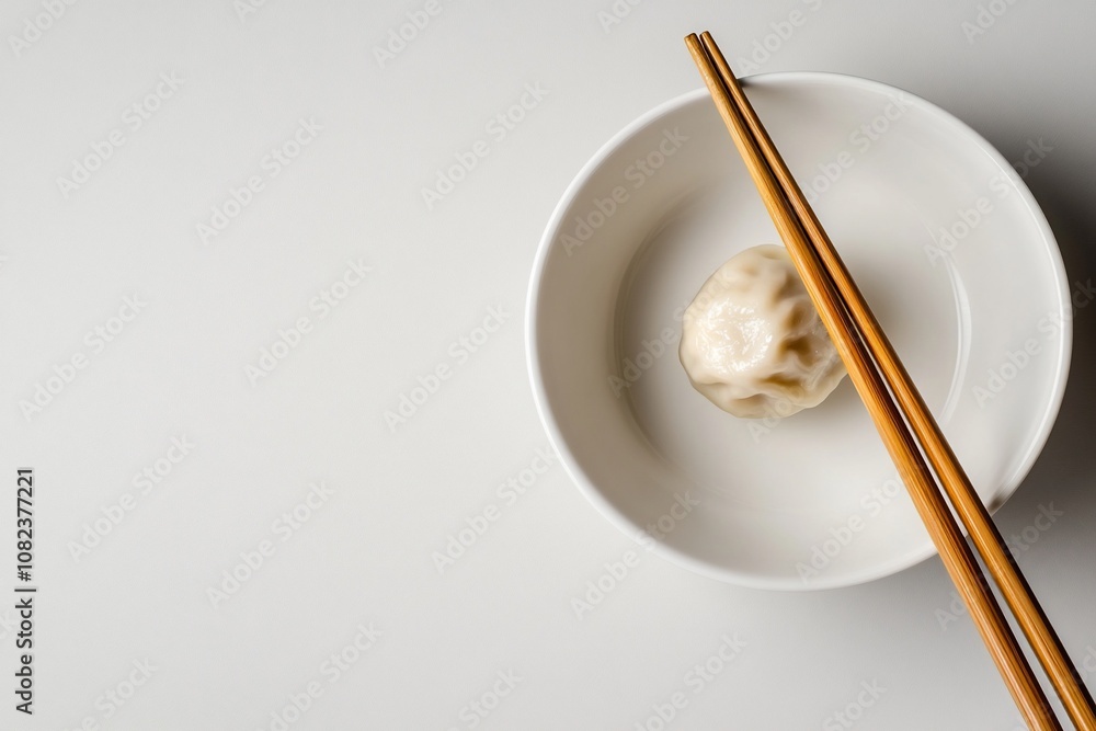 A single dumpling on a white plate with chopsticks beside it.