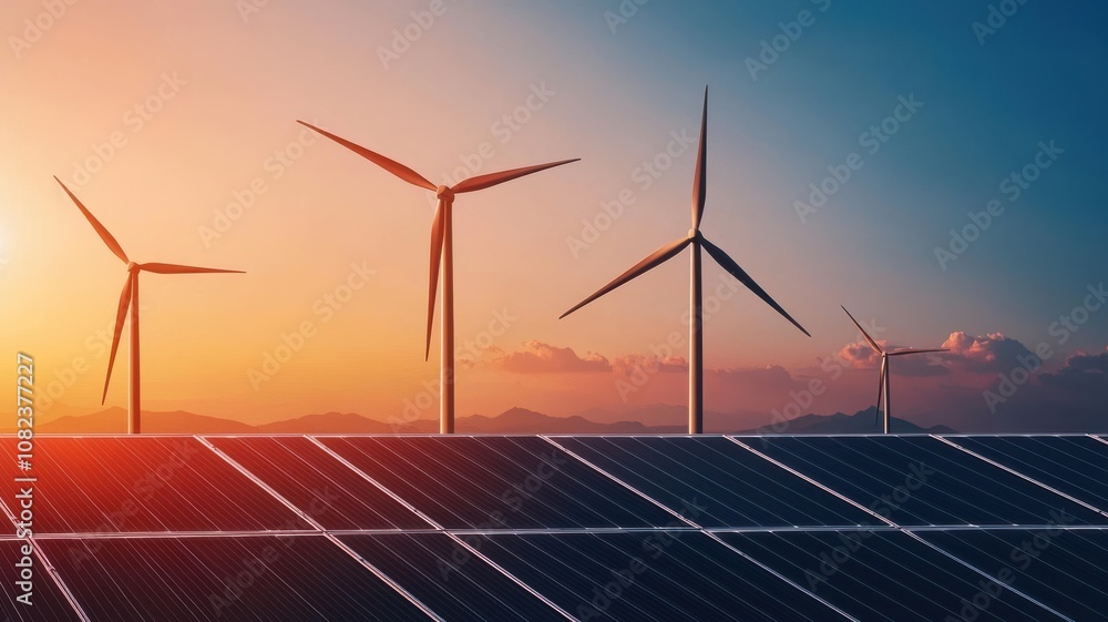 Solar energy investment concept. Turbines against a sunset, alongside solar panels, symbolizing sustainable energy and innovation in renewable resources. Solar energy investment concept. Turbines against a sunset, alongside solar panels, symbolizing sustainable energy and innovation in renewable resources.