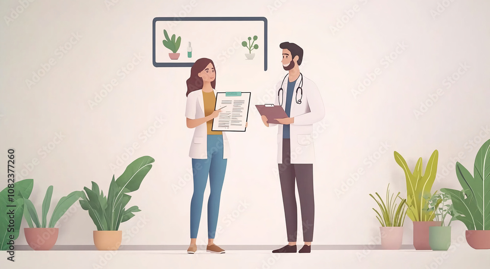 A doctor and patient are reviewing paperwork in an office setting A doctor and patient are reviewing paperwork in an office setting