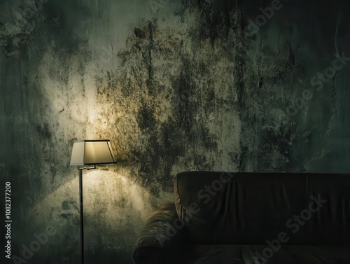 mildew stains sprawling across a dull apartment wall, depicting a health hazard and neglect in a living space, with dramatic lighting highlighting the texture and severity of the issue photo