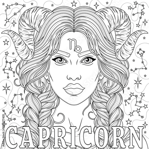 Capricorn Woman.Astrological Zodiac Sign.Coloring book antistress for children and adults.