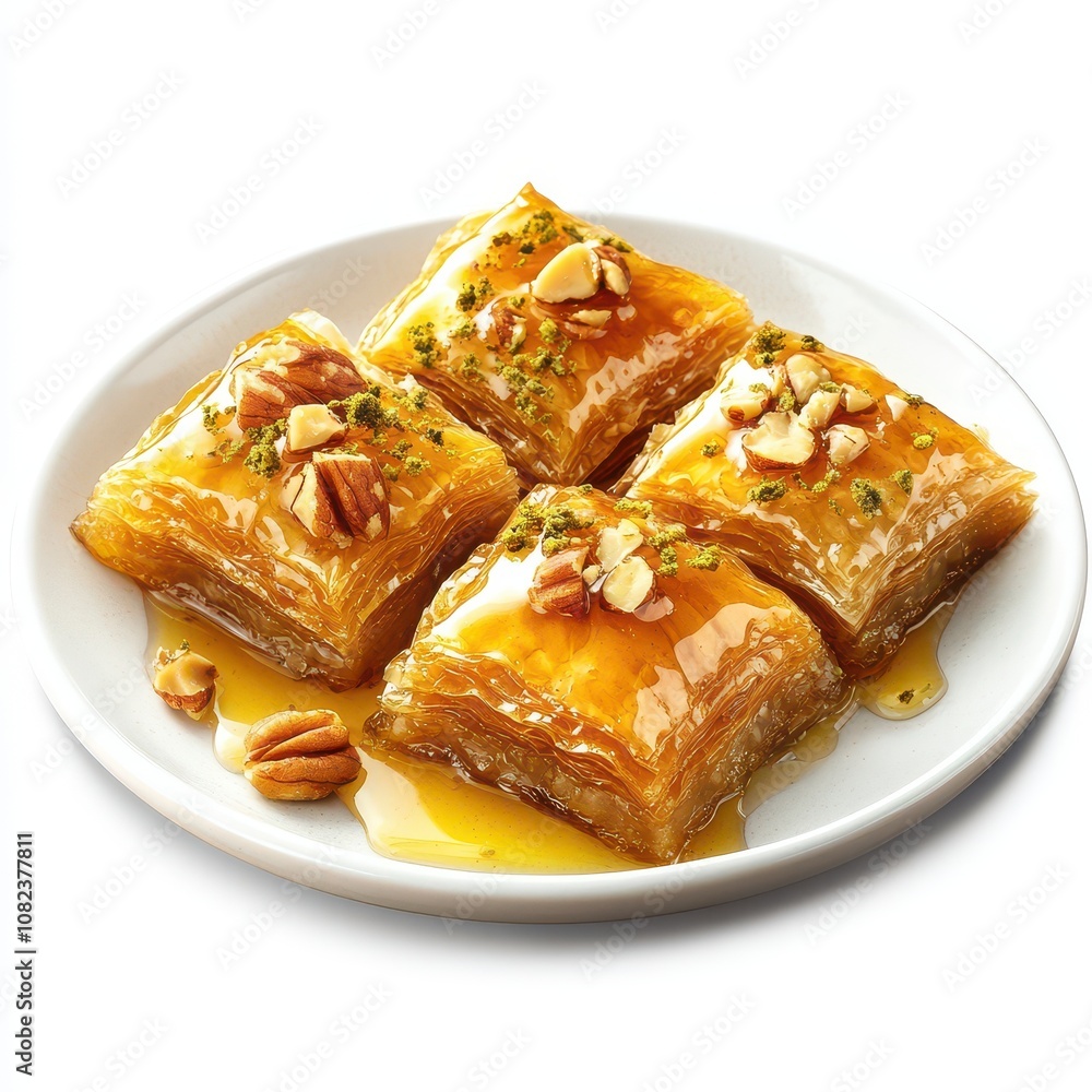 Delicious baklava pieces drizzled with honey and topped with nuts, served on a white plate, showcasing a rich dessert perfect for any occasion. Delicious baklava pieces drizzled with honey and topped with nuts, served on a white plate, showcasing a rich dessert perfect for any occasion.