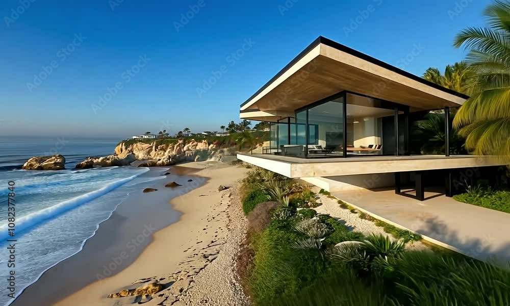 Contemporary beach house on a high bluff, with floor-to-ceiling windows and open floor plan, showcasing a stunning view of a sandy beach and clear blue ocean Contemporary beach house on a high bluff, with floor-to-ceiling windows and open floor plan, showcasing a stunning view of a sandy beach and clear blue ocean