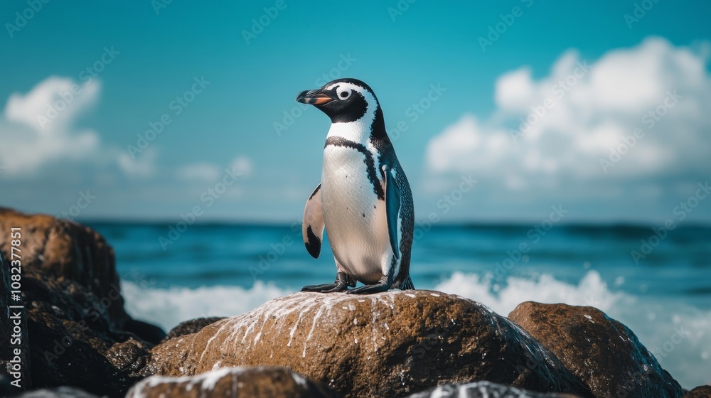 Fototapeta premium Magellanic penguin standing on a rock by the ocean