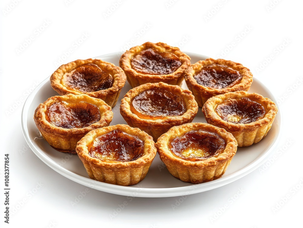 Freshly baked pastry tarts with a caramelized top, arranged on a white plate, perfect for dessert lovers. Freshly baked pastry tarts with a caramelized top, arranged on a white plate, perfect for dessert lovers.
