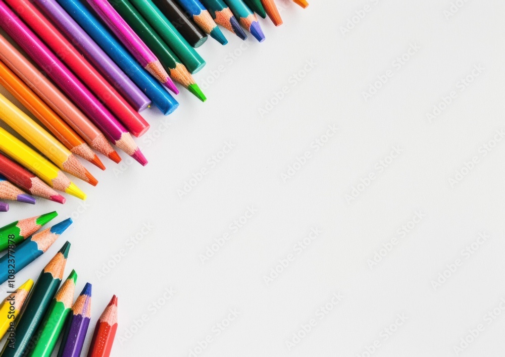 colorful pencils, art supplies, creativity background, drawing tools arranged neatly, vibrant color arrangement against a white backdrop A perfect setting for educational or artistic themes colorful pencils, art supplies, creativity background, drawing tools arranged neatly, vibrant color arrangement against a white backdrop A perfect setting for educational or artistic themes