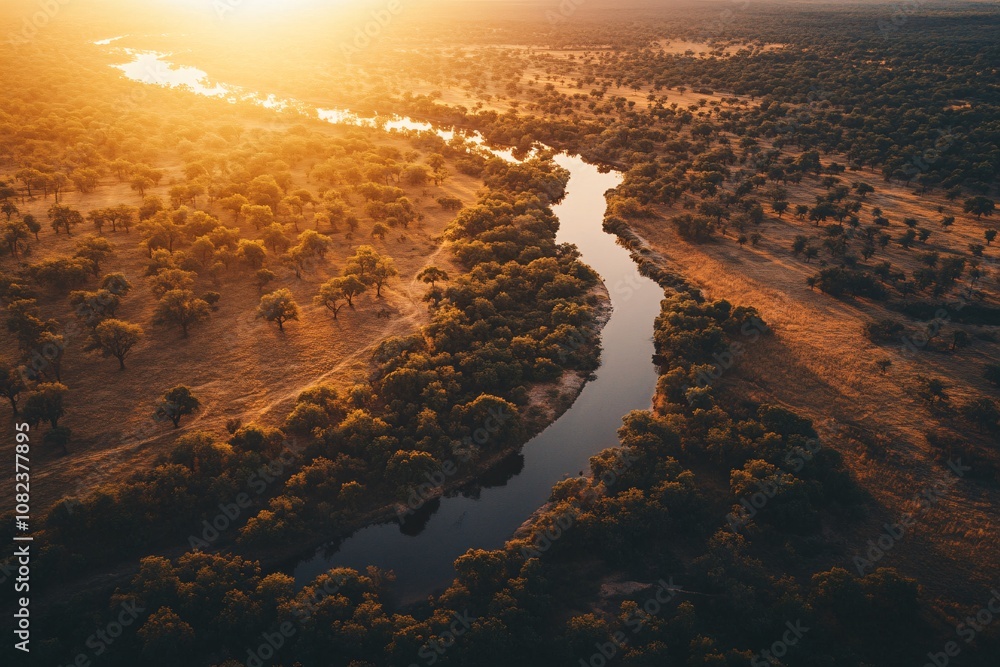 Sunset aerial shot of a winding river in a vast savannah with scattered trees, golden light casting long shadows, warm evening hues 2 Sunset aerial shot of a winding river in a vast savannah with scattered trees, golden light casting long shadows, warm evening hues 2