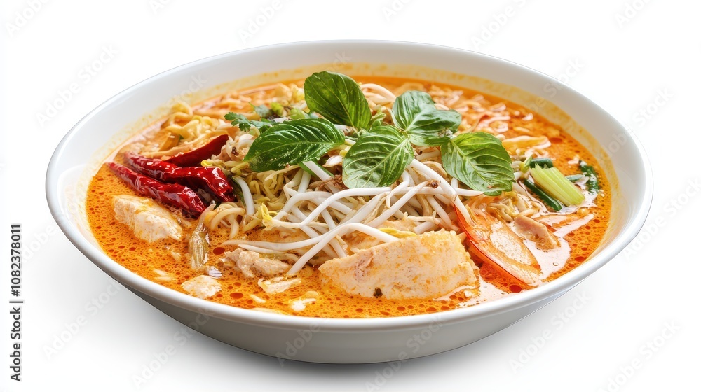 A vibrant bowl of rich, spicy noodle soup with chicken, vegetables, and fresh herbs, showcasing delicious Asian cuisine. A vibrant bowl of rich, spicy noodle soup with chicken, vegetables, and fresh herbs, showcasing delicious Asian cuisine.