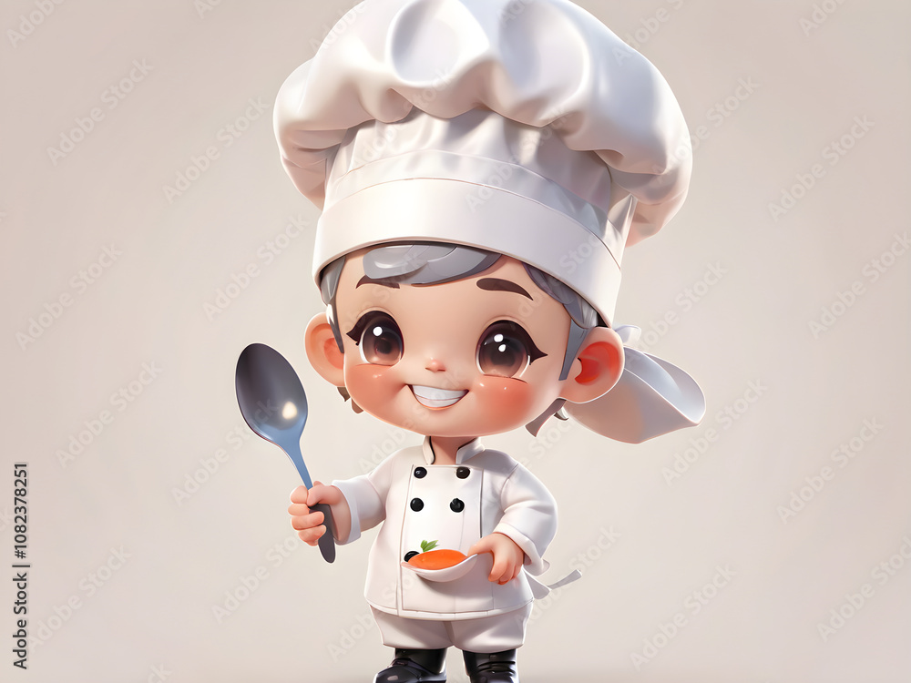 Chef icon wearing a tall chef hat, white suit, holding a spoon and fork, smiling and friendly face. Clear details of the face and uniform. Chef icon wearing a tall chef hat, white suit, holding a spoon and fork, smiling and friendly face. Clear details of the face and uniform.