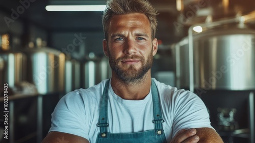 A rugged, handsome man with a beard and strong facial features standing confidently with arms crossed in a professional brewery setting, exuding strength and professionalism. photo