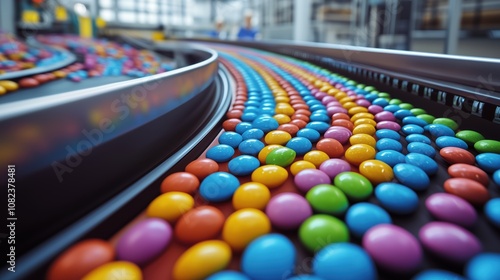 Colorful candy-coated chocolates moving along a conveyor belt in a candy factory.