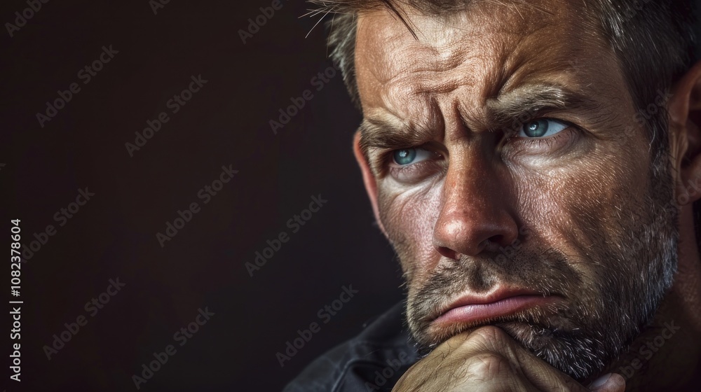 A man with a contemplative look, hand on chin, and furrowed brows A man with a contemplative look, hand on chin, and furrowed brows