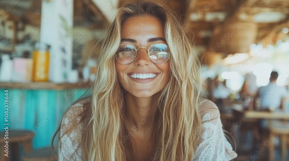 A fashionable woman with stylish long hair and round sunglasses is joyfully smiling at a trendy cafe, surrounded by rustic decor and natural light. A fashionable woman with stylish long hair and round sunglasses is joyfully smiling at a trendy cafe, surrounded by rustic decor and natural light.