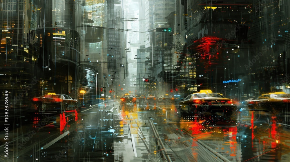 Fototapeta premium A vibrant urban scene with yellow taxis in a rainy cityscape, reflecting lights and movement.