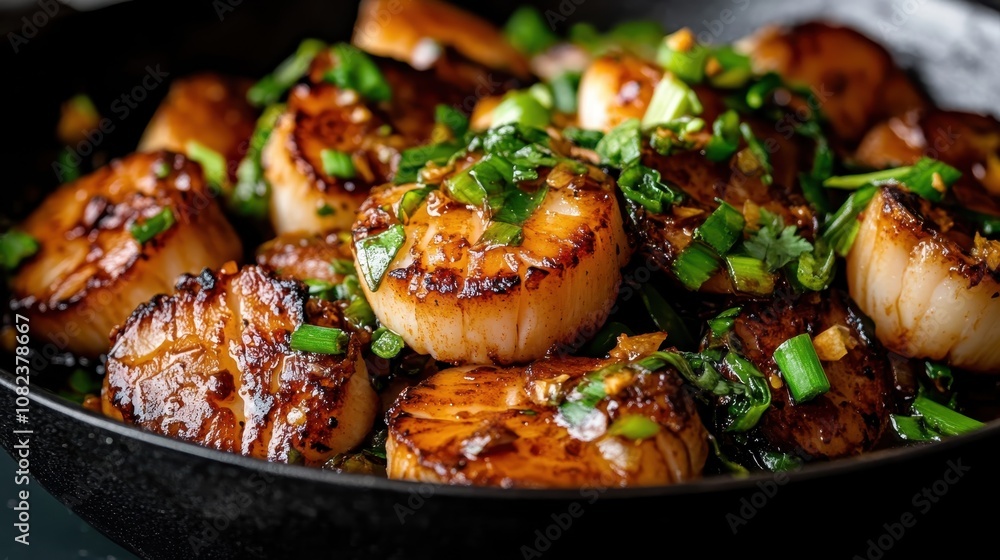 These brown, seared scallops are beautifully arranged in a pan, adorned with fresh green onion pieces, aromatic herbs, and a hint of glazed sauce, creating a culinary delight. These brown, seared scallops are beautifully arranged in a pan, adorned with fresh green onion pieces, aromatic herbs, and a hint of glazed sauce, creating a culinary delight.