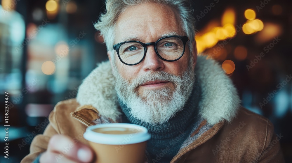 A fashionable man with glasses and a winter coat savors a warm coffee, amidst urban background, conveying a sense of warmth and sophistication. A fashionable man with glasses and a winter coat savors a warm coffee, amidst urban background, conveying a sense of warmth and sophistication.