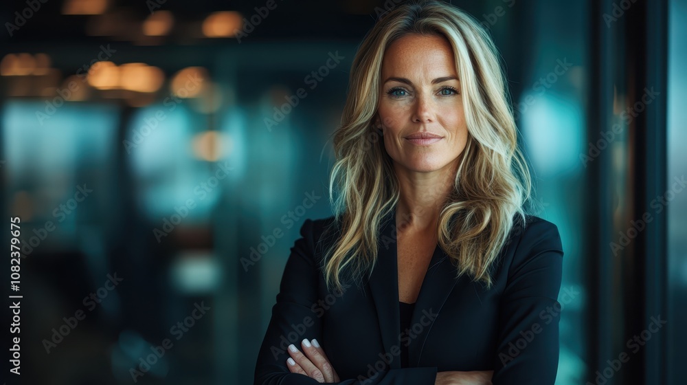 An elegant businesswoman stands confidently in a modern corporate environment, embodying professionalism and leadership, against a backdrop of sleek, blue-tinted glass. An elegant businesswoman stands confidently in a modern corporate environment, embodying professionalism and leadership, against a backdrop of sleek, blue-tinted glass.