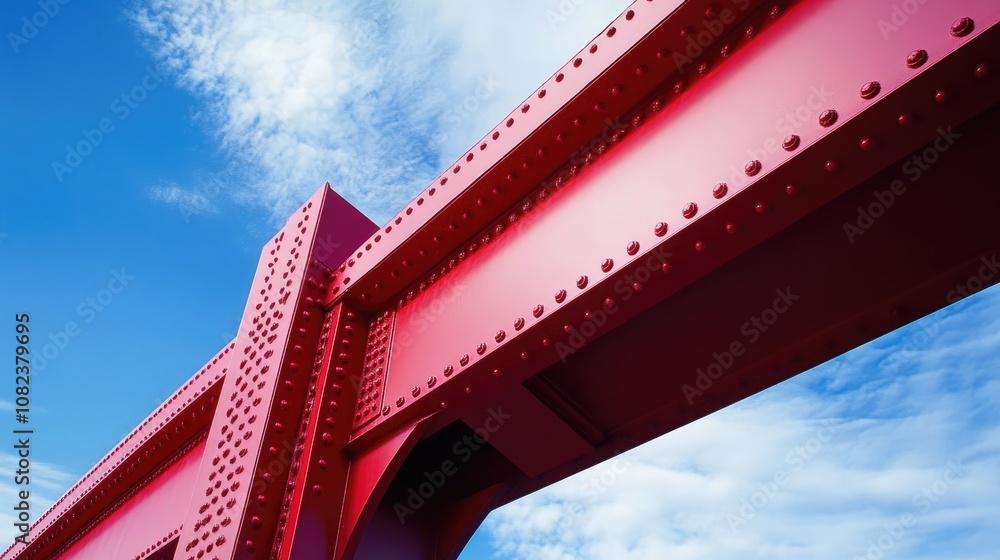 Bold Red Steel Bridge Structure Against a Clear Blue Sky with Whimsical Clouds Highlighting Modern Architectural Design and Engineering Mastery Bold Red Steel Bridge Structure Against a Clear Blue Sky with Whimsical Clouds Highlighting Modern Architectural Design and Engineering Mastery