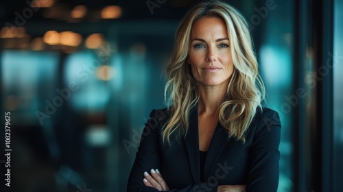 An elegant businesswoman stands confidently in a modern corporate environment, embodying professionalism and leadership, against a backdrop of sleek, blue-tinted glass.