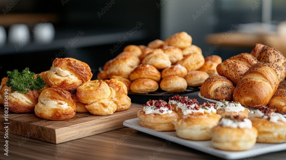 An enticing array of puff pastries presented on wooden and ceramic platters, showcasing an exquisite assortment for a delightful culinary feast. An enticing array of puff pastries presented on wooden and ceramic platters, showcasing an exquisite assortment for a delightful culinary feast.