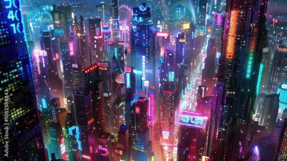 A vibrant, futuristic cityscape illuminated by neon lights at night. A vibrant, futuristic cityscape illuminated by neon lights at night.