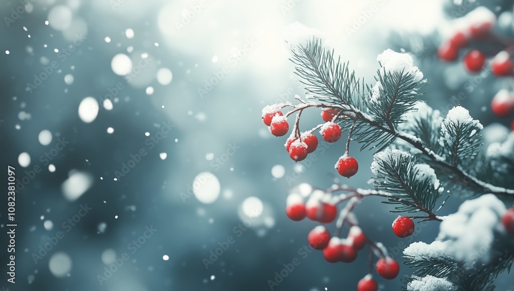 Close-up of snow-covered pine branches with red berries in winter, perfect for festive and holiday-themed designs. Close-up of snow-covered pine branches with red berries in winter, perfect for festive and holiday-themed designs.