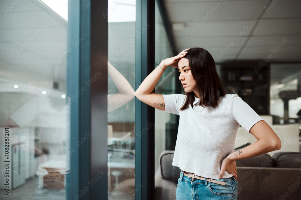 Fototapeta premium Thinking, office and business woman with stress for crisis, failure and mistake by window. Professional, company and person with worry, frustrated and upset for burnout, deadline or unemployment risk