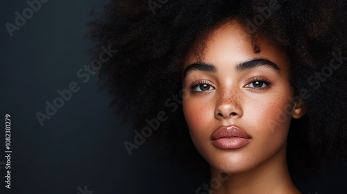 A beautifully poised young woman with a stunning afro hairstyle, set against a contrasting dark background, exuding confidence and grace in her expression.