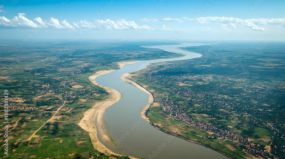 Aerial View of a Serpentine River Winding Through Lush Green Fields Aerial View of a Serpentine River Winding Through Lush Green Fields