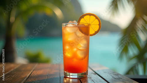 Exotic summer drink, blurred sandy beach in the background. Selective focus, blurred background.