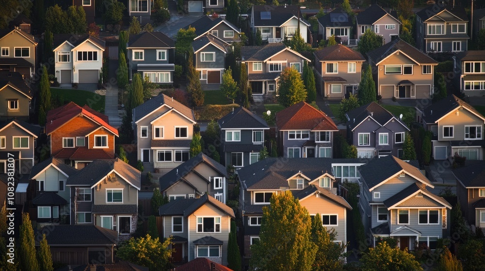 Aerial View of Suburban Neighborhood at Sunset with Beautifully Designed Homes Surrounded by Lush Greenery and Tree-Lined Streets in the Golden Hour Light Aerial View of Suburban Neighborhood at Sunset with Beautifully Designed Homes Surrounded by Lush Greenery and Tree-Lined Streets in the Golden Hour Light