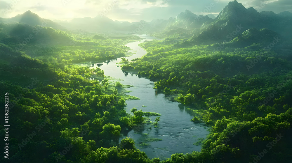 Aerial View of a River Winding Through a Lush Green Valley - Illustration Aerial View of a River Winding Through a Lush Green Valley - Illustration